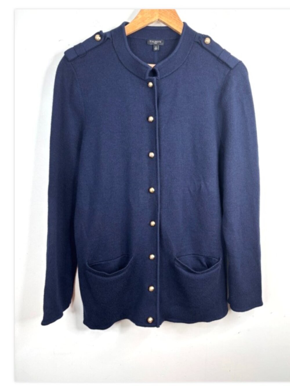 Talbots Navy Blue Merino Wool Cardigan Sweater 1X Blazer Brass Button Epaulettes